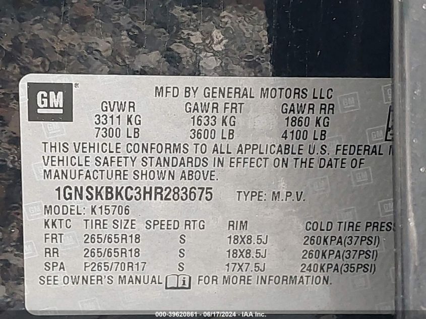 2017 Chevrolet Tahoe Lt VIN: 1GNSKBKC3HR283675 Lot: 39620861