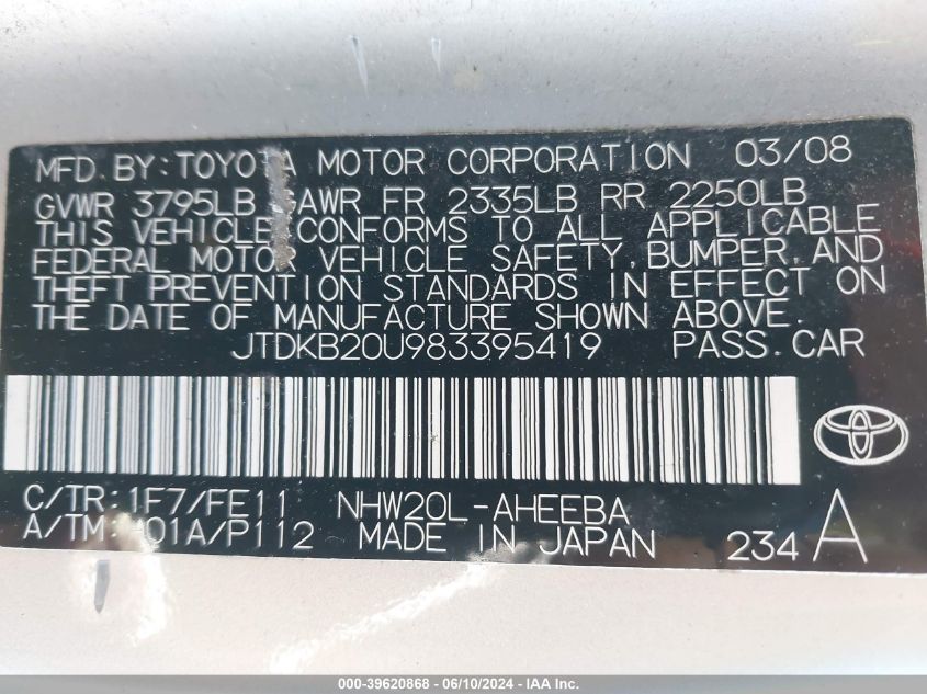 2008 Toyota Prius VIN: JTDKB20U983395419 Lot: 39620868