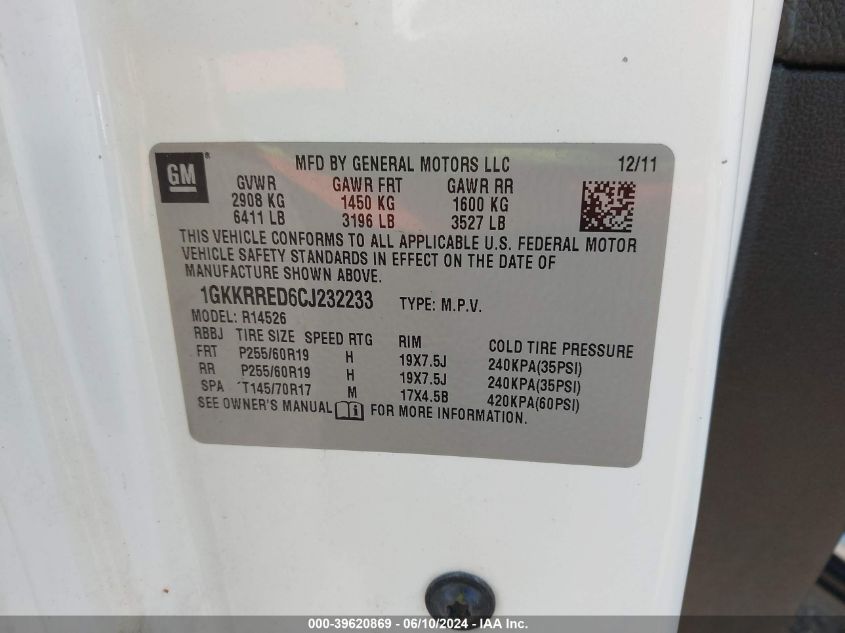 2012 GMC Acadia Slt-1 VIN: 1GKKRRED6CJ232233 Lot: 39620869