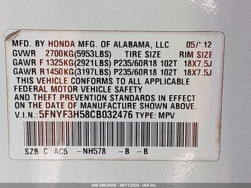 2012 Honda Pilot Ex-L VIN: 5FNYF3H58CB032476 Lot: 39620885