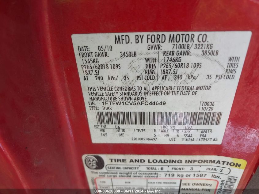 2010 Ford F-150 Fx2 Sport/Harley-Davidson/King Ranch/Lariat/Platinum/Xl/Xlt VIN: 1FTFW1CV5AFC44649 Lot: 39620888