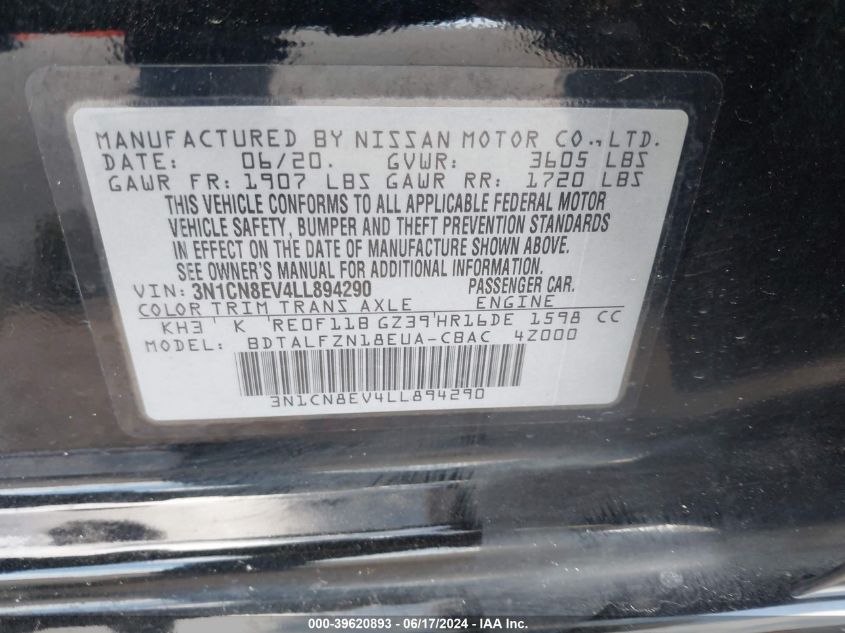 2020 Nissan Versa Sv Xtronic Cvt VIN: 3N1CN8EV4LL894290 Lot: 39620893