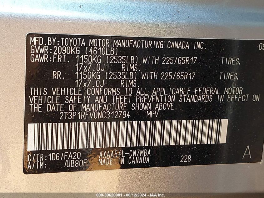 2022 Toyota Rav4 Xle VIN: 2T3P1RFV0NC312794 Lot: 39620901