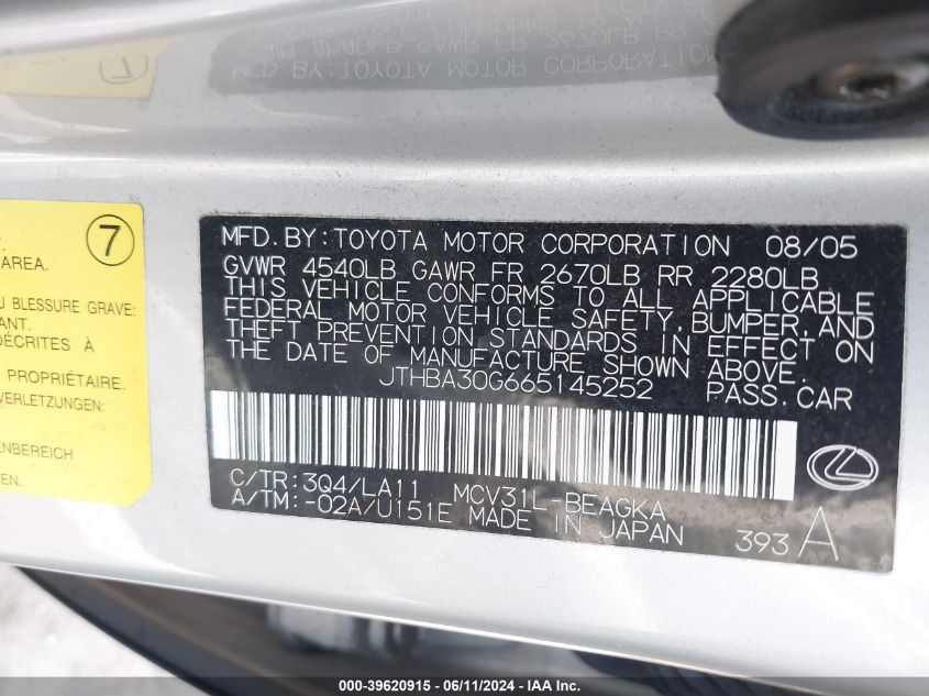 2006 Lexus Es 330 VIN: JTHBA30G665145252 Lot: 39620915