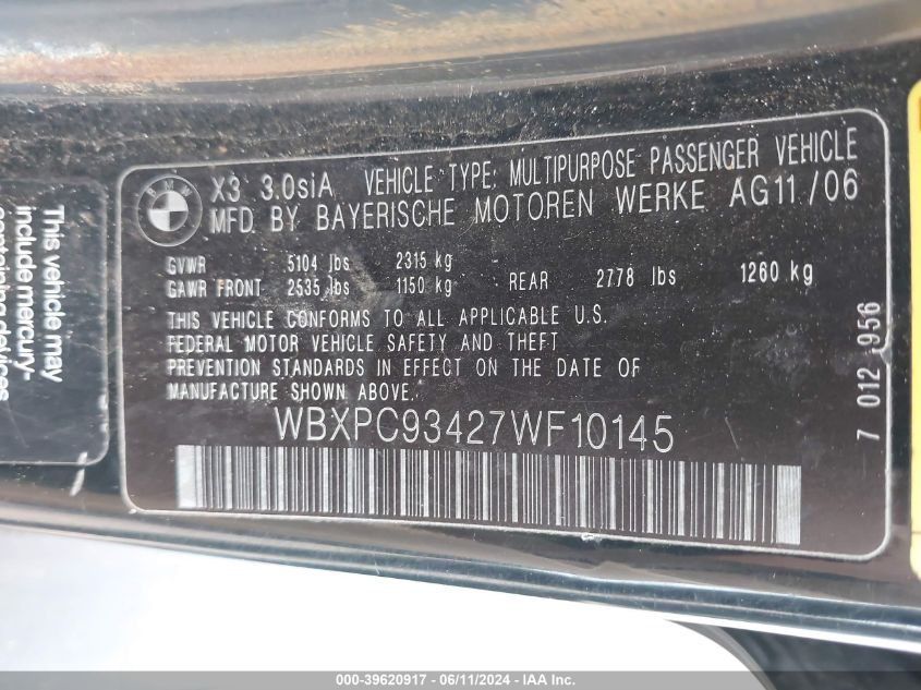 2007 BMW X3 3.0Si VIN: WBXPC93427WF10145 Lot: 39620917