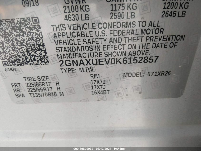 2019 Chevrolet Equinox Lt VIN: 2GNAXUEVGK6152857 Lot: 39620962