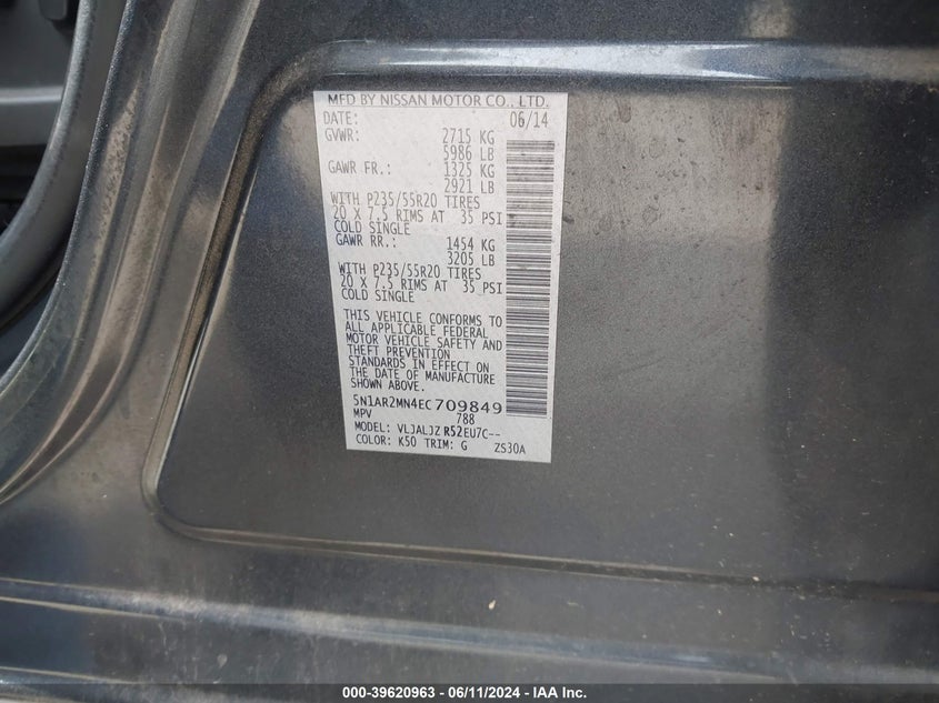 2014 Nissan Pathfinder Platinum VIN: 5N1AR2MN4EC709849 Lot: 39620963