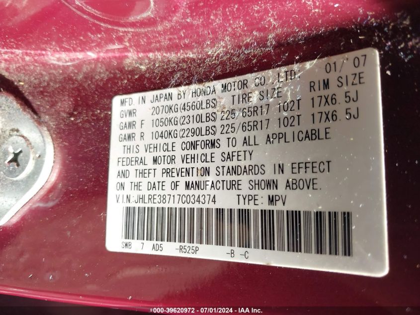 2007 Honda Cr-V Ex-L VIN: JHLRE38717C034374 Lot: 39620972