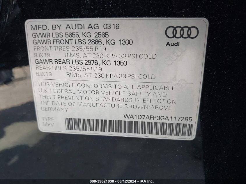 2016 Audi Q5 3.0T Premium Plus VIN: WA1D7AFP3GA117285 Lot: 39621030