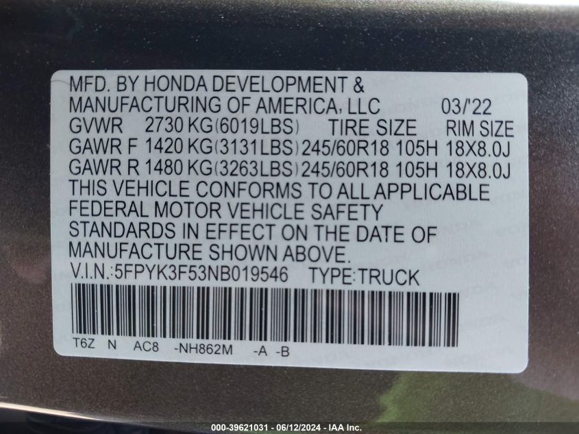 2022 Honda Ridgeline Rtl VIN: 5FPYK3F53NB019546 Lot: 39621031