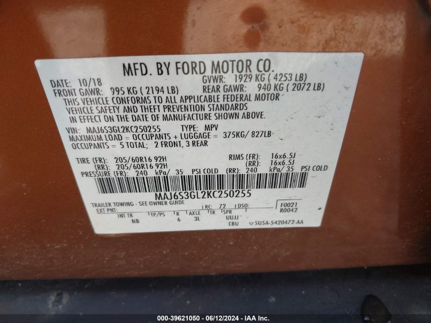 2019 Ford Ecosport Se VIN: MAJ6S3GL2KC250255 Lot: 39621050