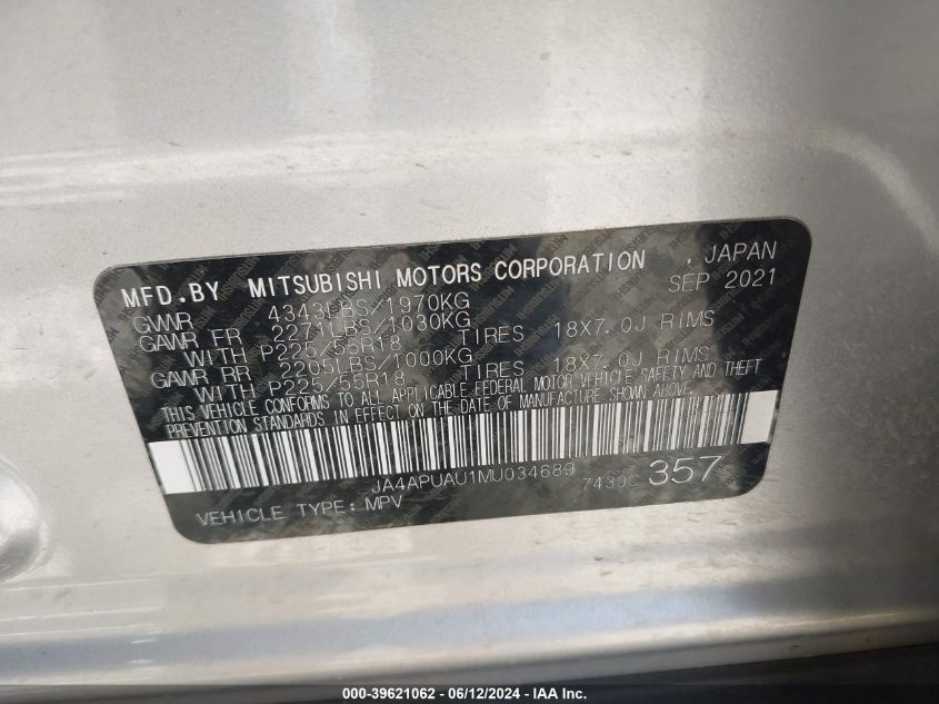 2021 Mitsubishi Outlander Sport 2.0 Be 2Wd/2.0 Es 2Wd/2.0 Le 2Wd/2.0 S 2Wd VIN: JA4APUAU1MU034689 Lot: 39621062