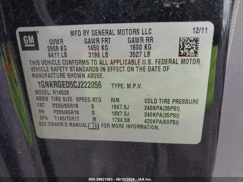 2012 Chevrolet Traverse 1Lt VIN: 1GNKRGED5CJ222056 Lot: 39621063