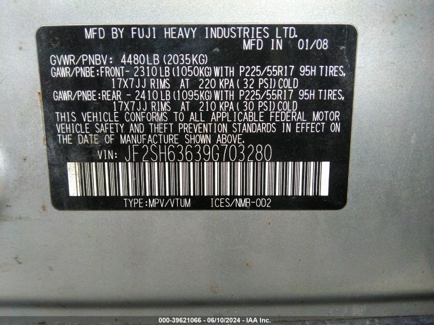 2009 Subaru Forester 2.5X VIN: JF2SH63639G703280 Lot: 39621066