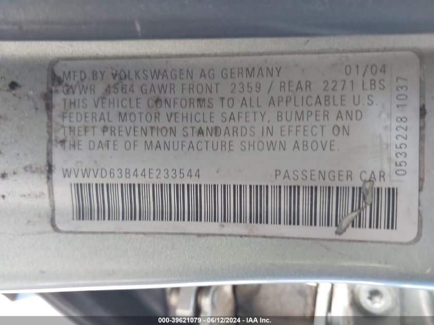 2004 Volkswagen Passat Gls VIN: WVWVD63B44E233544 Lot: 39621079