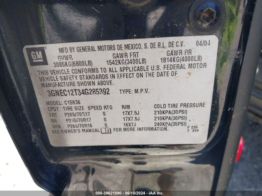 2004 Chevrolet Avalanche 1500 VIN: 3GNEC12T34G285392 Lot: 39621090