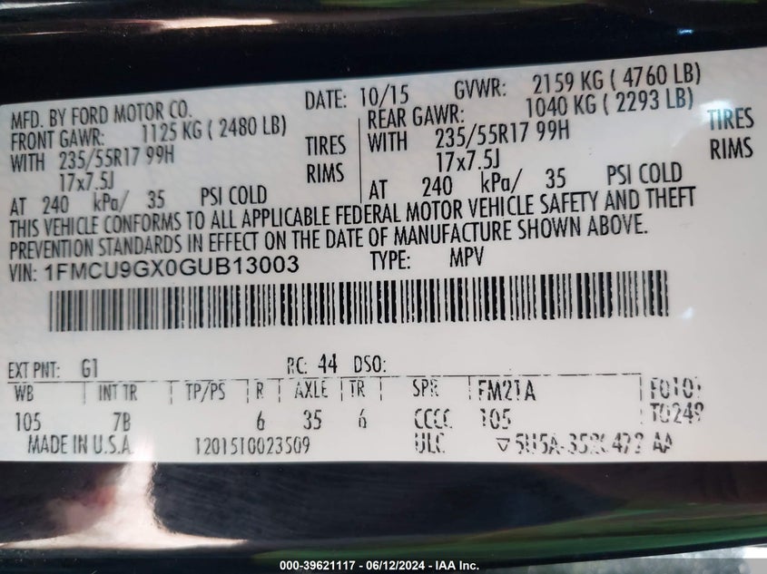 2016 Ford Escape Se VIN: 1FMCU9GX0GUB13003 Lot: 39621117