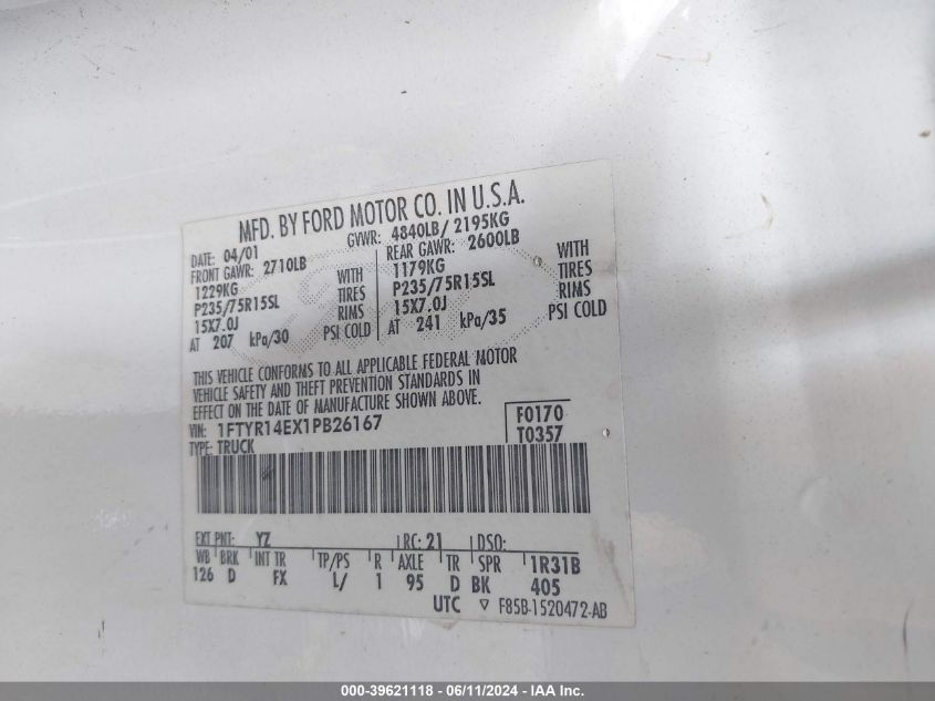 2001 Ford Ranger Edge/Xlt VIN: 1FTYR14EX1PB26167 Lot: 39621118