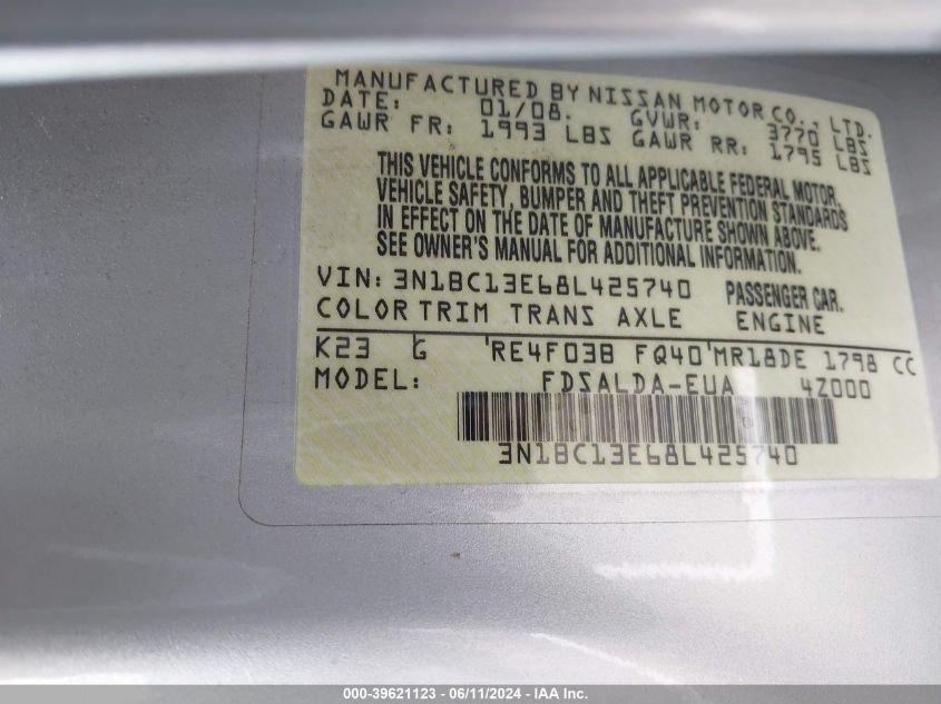 2008 Nissan Versa 1.8S VIN: 3N1BC13E68L425740 Lot: 39621123