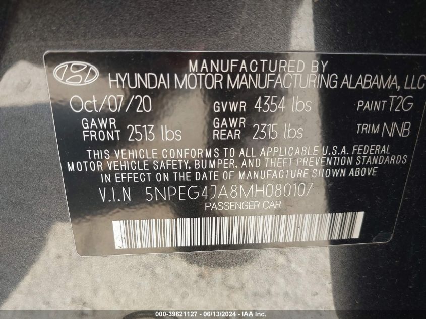 5NPEG4JA8MH080107 2021 Hyundai Sonata Se