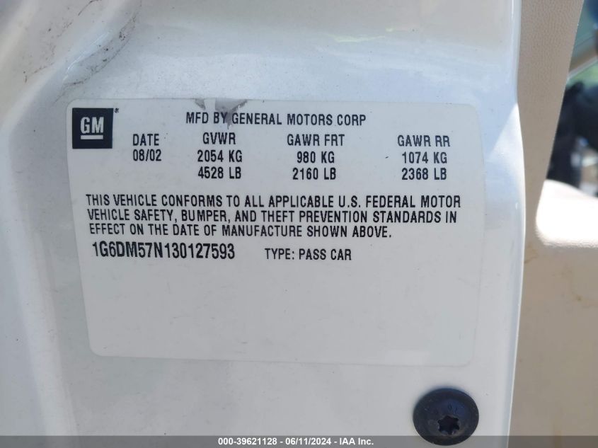 2003 Cadillac Cts Standard VIN: 1G6DM57N130127593 Lot: 39621128