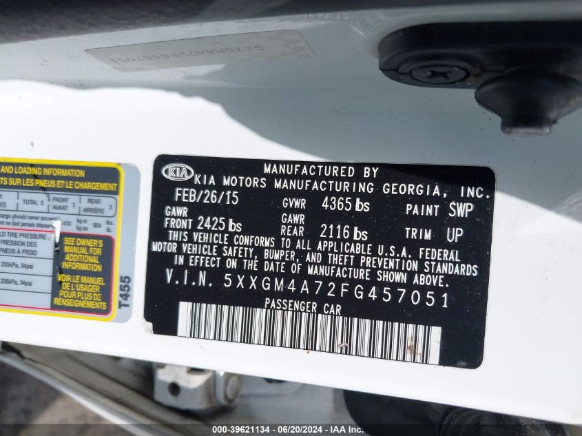 2015 Kia Optima Lx VIN: 5XXGM4A72FG457051 Lot: 39621134