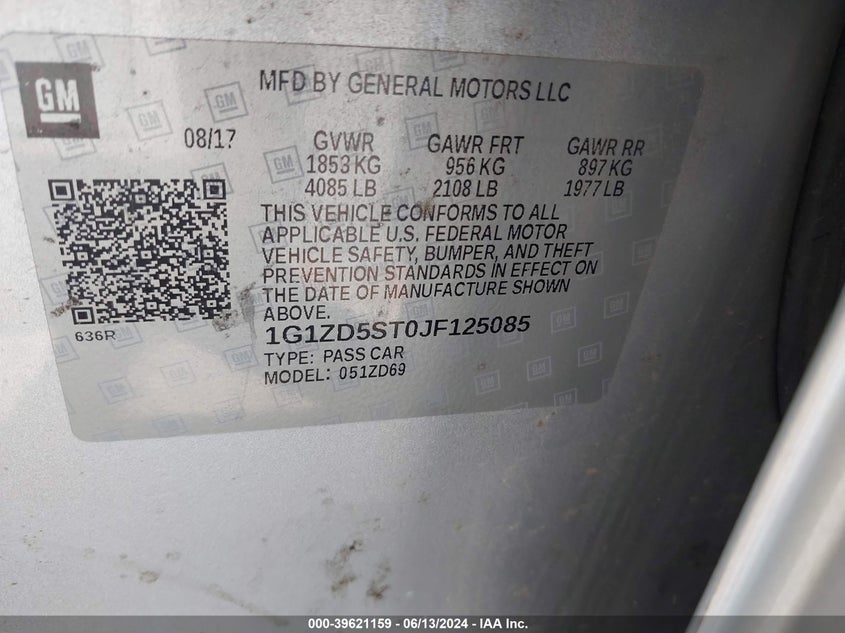 2018 Chevrolet Malibu Lt VIN: 1G1ZD5ST0JF125085 Lot: 39621159
