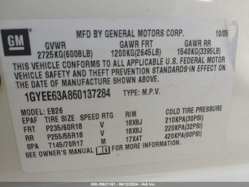 2006 Cadillac Srx V8 VIN: 1GYEE63A860137284 Lot: 39621161