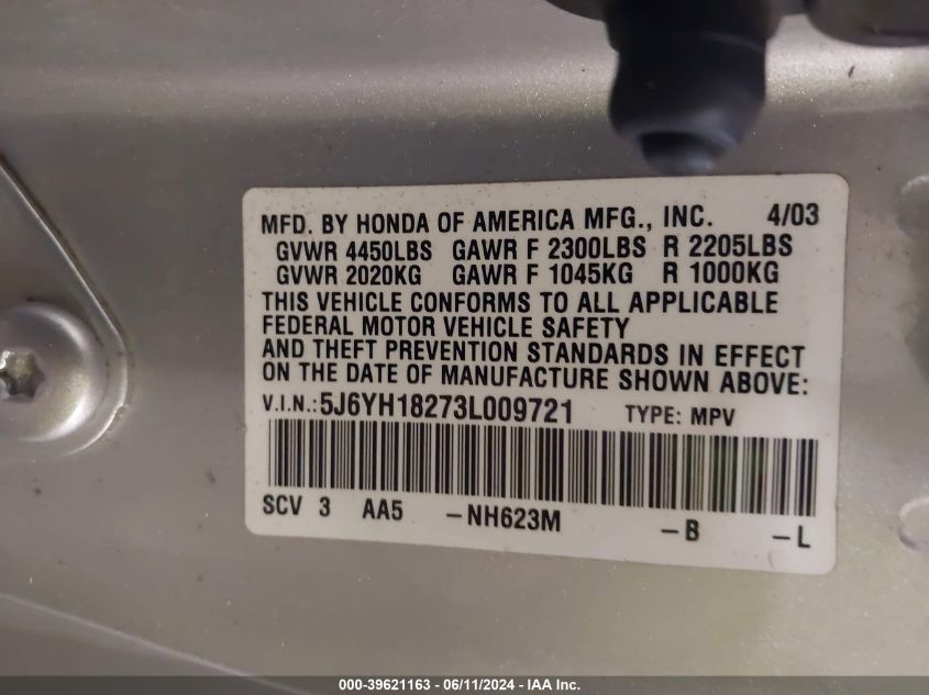 2003 Honda Element Dx VIN: 5J6YH18273L009721 Lot: 39621163