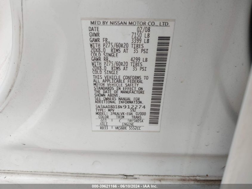 2008 Infiniti Qx56 VIN: 5N3AA08D18N912274 Lot: 39621166