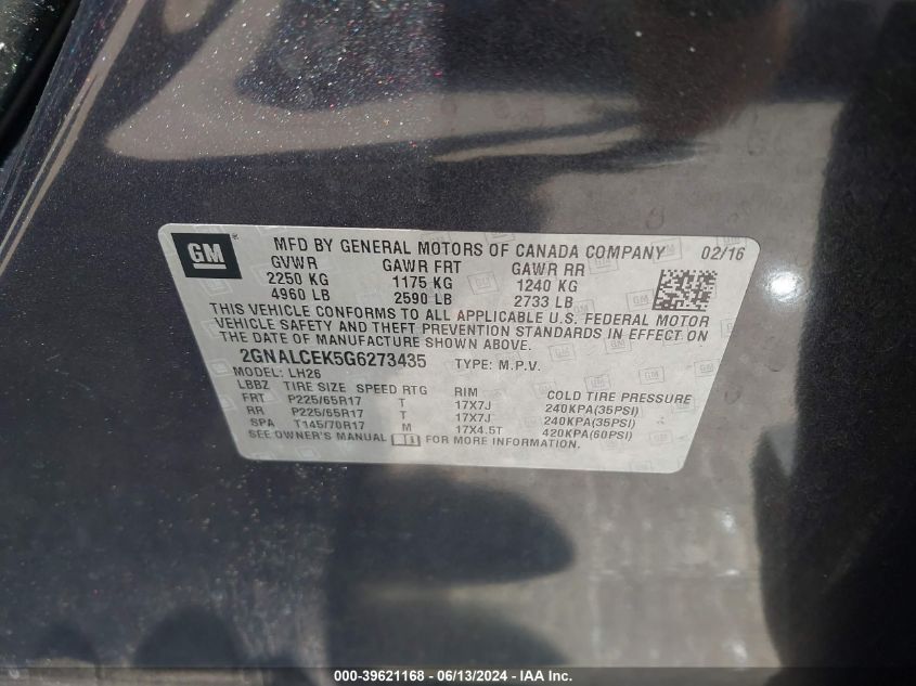 2GNALCEK5G6273435 2016 Chevrolet Equinox Lt