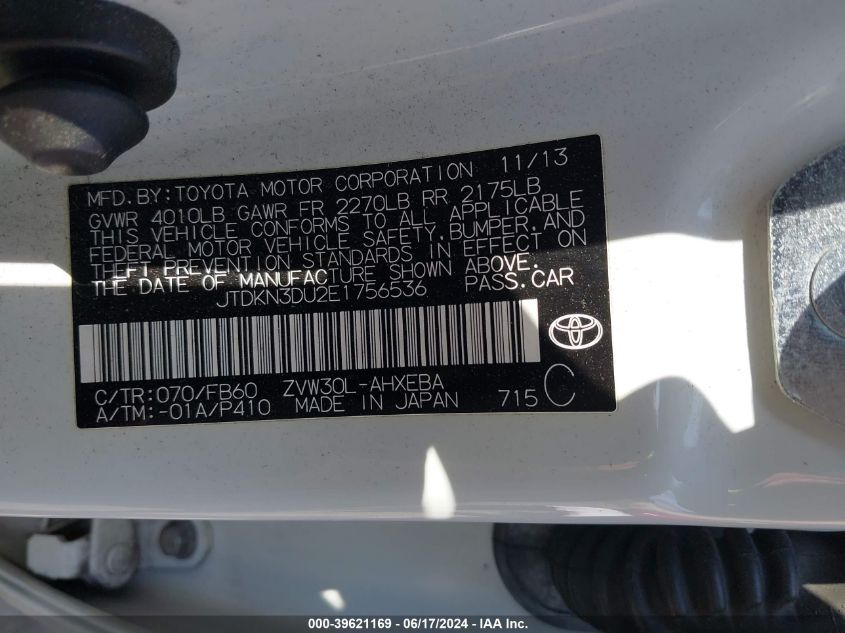 2014 Toyota Prius Three VIN: JTDKN3DU2E1756536 Lot: 39621169