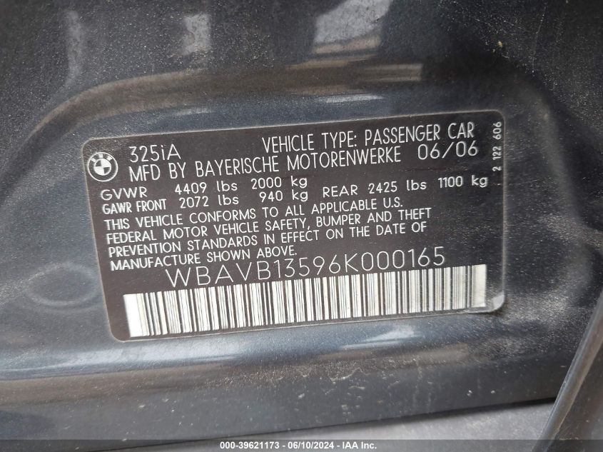 2006 BMW 325I VIN: WBAVB13596K000165 Lot: 39621173