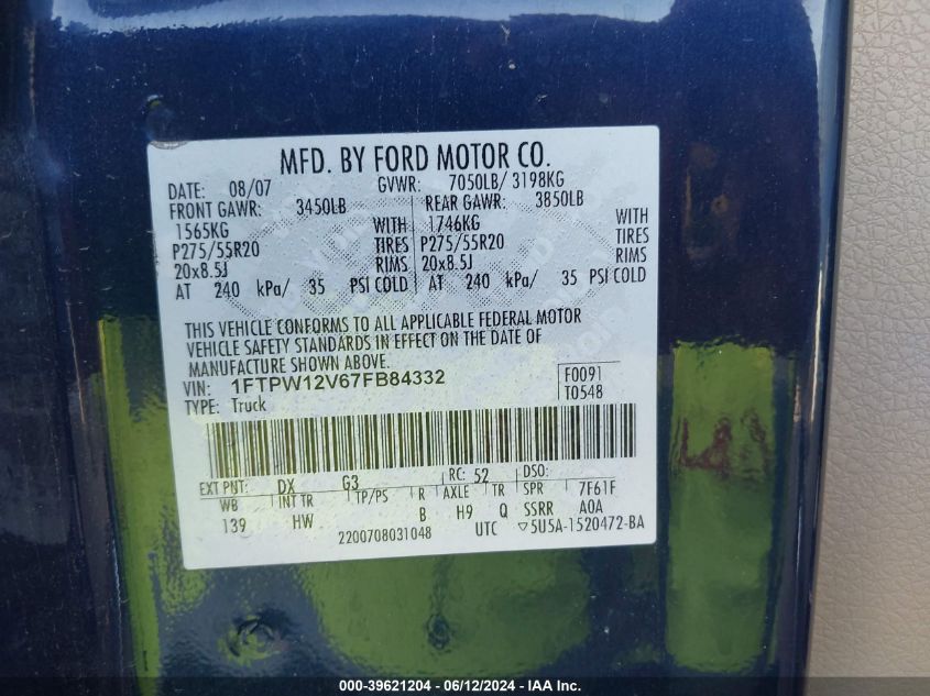 2007 Ford F-150 Lariat/Xlt VIN: 1FTPW12V67FB84332 Lot: 39621204