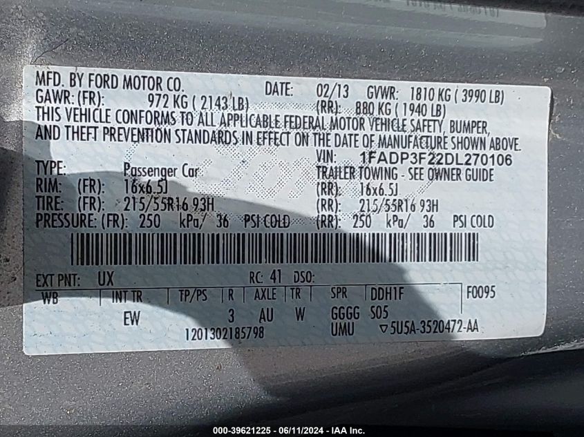 2013 Ford Focus Se VIN: 1FADP3F22DL270106 Lot: 39621225