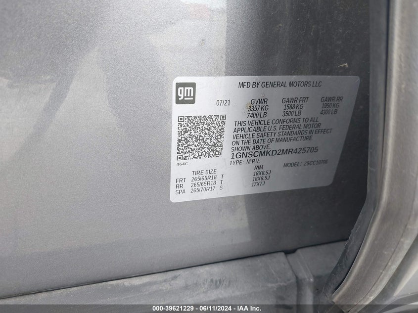 2021 Chevrolet Tahoe 2Wd Ls VIN: 1GNSCMKD2MR425705 Lot: 39621229
