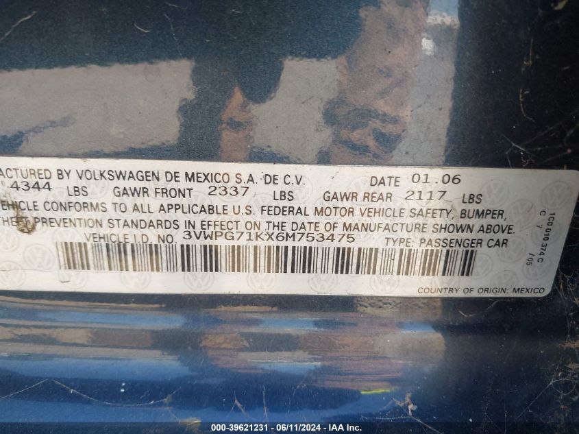 2006 Volkswagen Jetta Value Edition VIN: 3VWPG71KX6M753475 Lot: 39621231