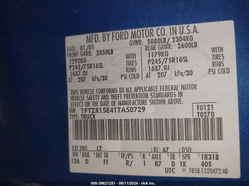 2001 Ford Ranger Edge/Xlt VIN: 1FTZR15E41TA50729 Lot: 39621251