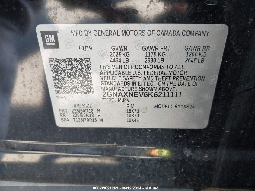 2019 Chevrolet Equinox Premier VIN: 2GNAXNEV6K6211111 Lot: 39621261