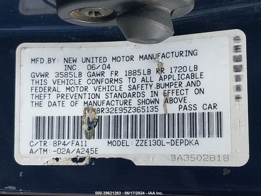 2005 Toyota Corolla Ce VIN: 1NXBR32E95Z365135 Lot: 39621263