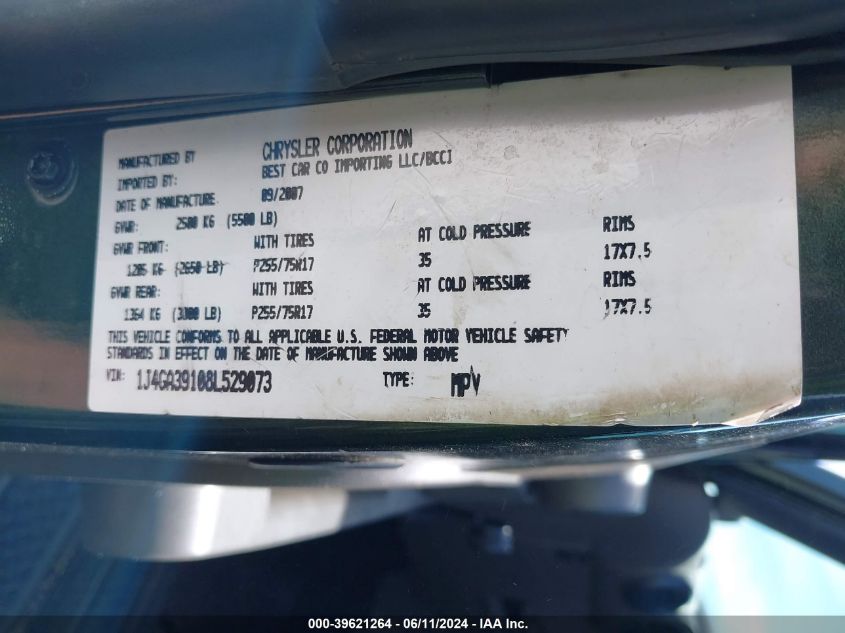 2008 Jeep Wrangler Unlimited X VIN: 1J4GA39108L529073 Lot: 39621264