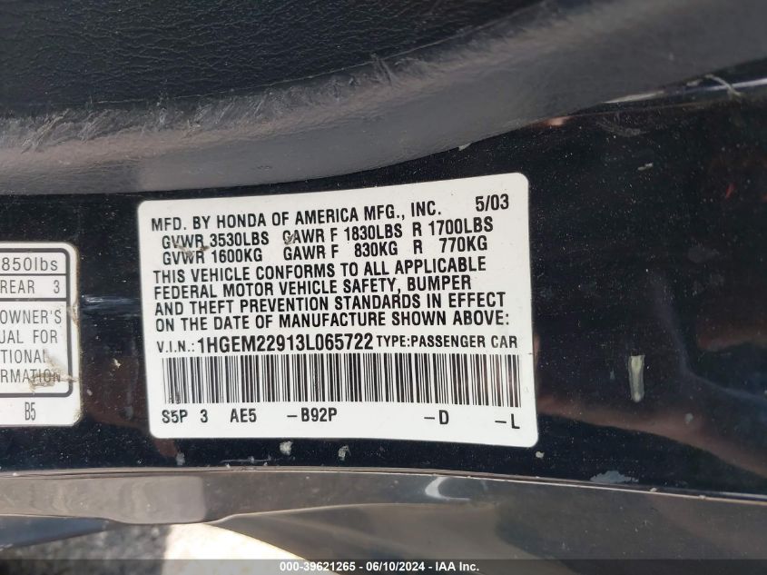 2003 Honda Civic Ex VIN: 1HGEM22913L065722 Lot: 39621265