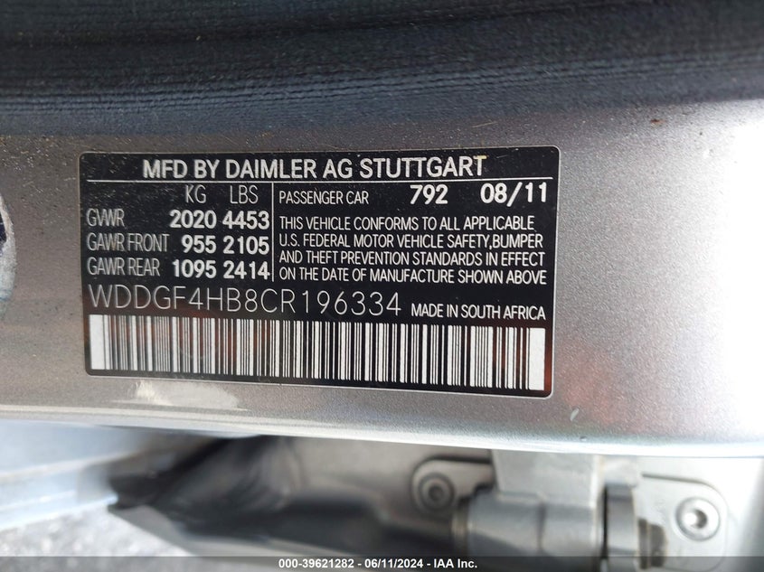 2012 Mercedes-Benz C 250 Luxury/Sport VIN: WDDGF4HB8CR196334 Lot: 39621282