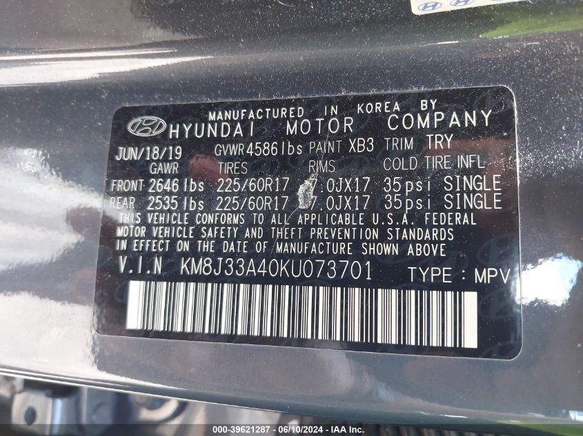 2019 Hyundai Tucson Value VIN: KM8J33A40KU073701 Lot: 39621287