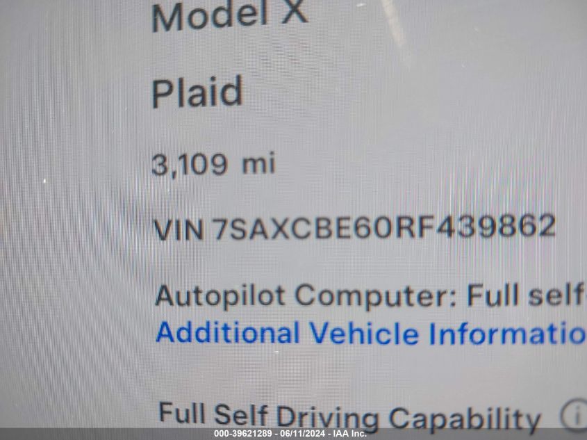 2024 Tesla Model X VIN: 7SAXCBE60RF439862 Lot: 39621289