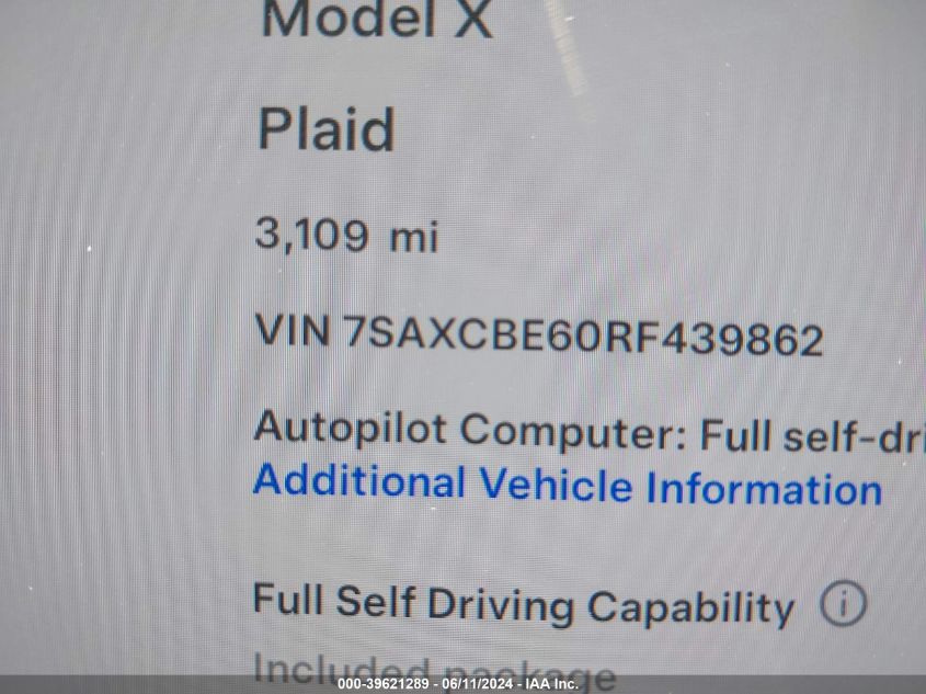 2024 Tesla Model X VIN: 7SAXCBE60RF439862 Lot: 39621289