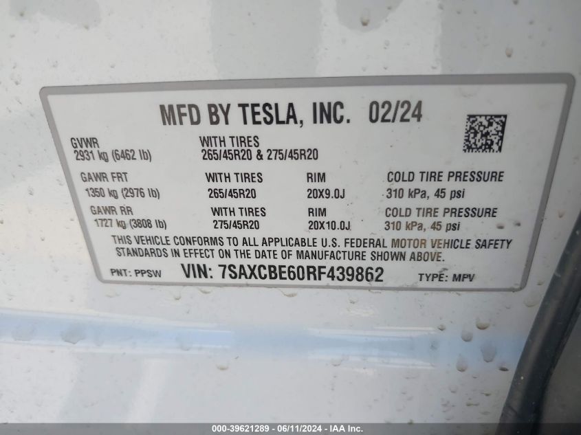 2024 Tesla Model X VIN: 7SAXCBE60RF439862 Lot: 39621289