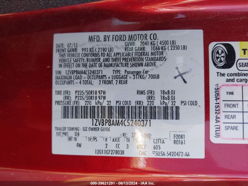 2012 Ford Mustang V6 Premium VIN: 1ZVBP8AM4C5240371 Lot: 39621291