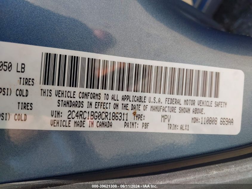 2012 Chrysler Town & Country Touring VIN: 2C4RC1BG0CR186311 Lot: 39621308