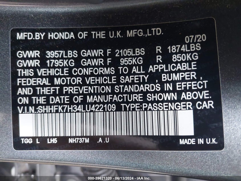 VIN SHHFK7H34LU422109 2020 HONDA CIVIC LX